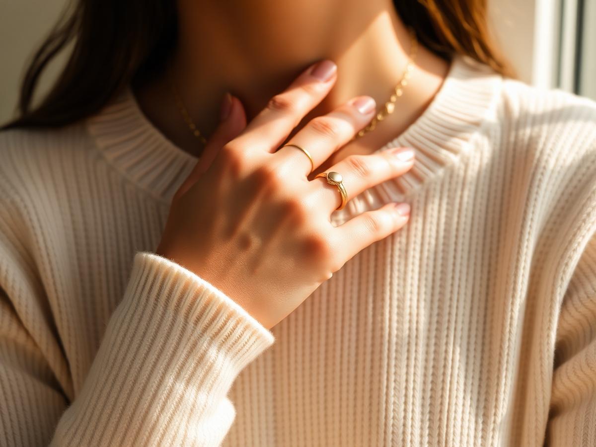 Hands wearing Hriti gold rings and delicate chain